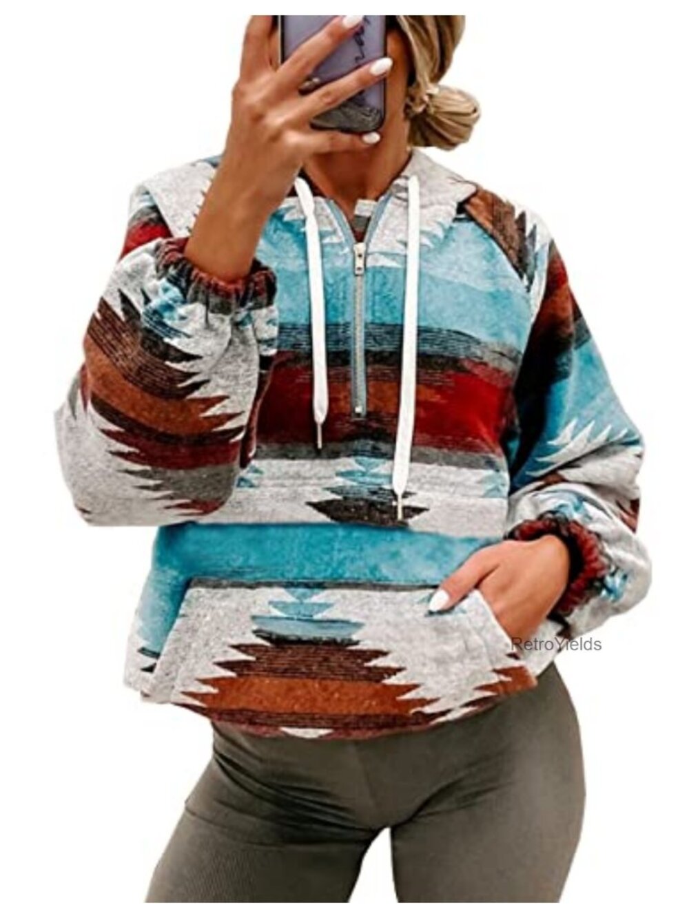 Half Zip Western Aztec Print Hoodie Sweatshirt Women Loose Fit Long Sleeve